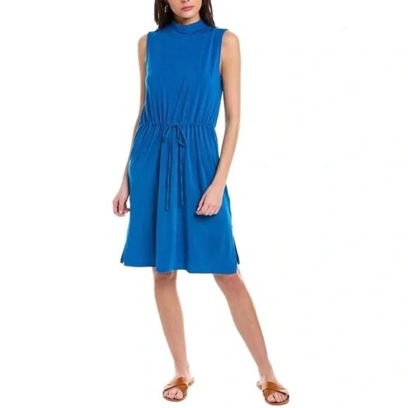 Eileen Fisher Womens Blouson Dress XXS Blue Mock Neck Slit Hem - Picture 1 of 10